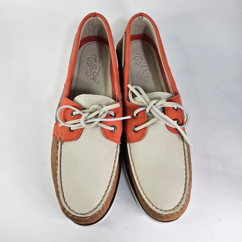 Sperry Gold Cup Tri-Tone Leather 2-Eye Boat Shoes Mens 14 White Orange Tan NWOT